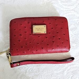 Michael Kors Red Ostrich Embossed Leather Wristlet